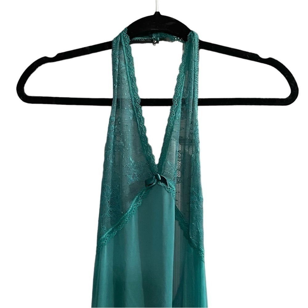 Vintage Halter Lace Long Semi-Sheer Long Nightgown Green XS